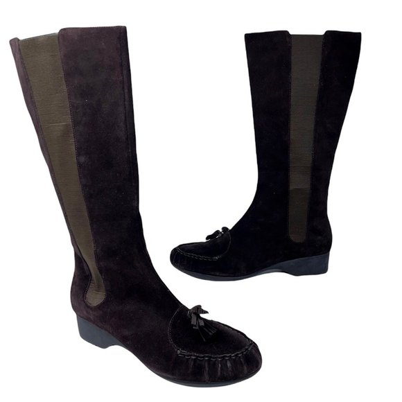 Joy Chen Shoes - Joy Chen Womens Riding Boots Brown Wedge Heels Mid Calf Moc Toe Pull On 11 M New